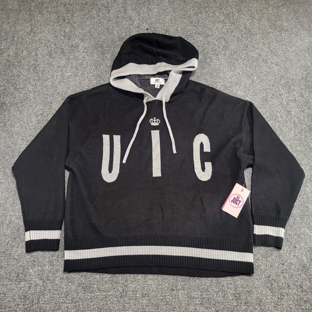 JUICY COUTURE Black Knit Silver Logo Hoodie Sweatshirt Y2K Style Size Medium NWT